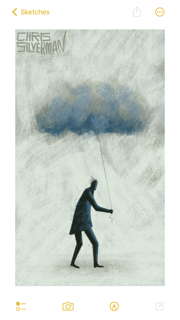 A person walks in a gray, featureless space, holding a small dark blue-gray cloud on a string as though it's a balloon. The painting is signed "Chris Silverman".
