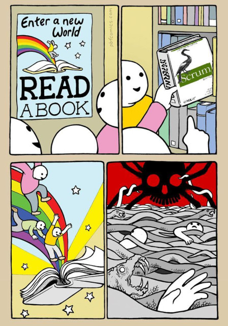 A library. A poster calls out "enter a new world, read a book". Children pull down a book marked "Scrum" from the library shelf, and get pulled into Snake Hell.