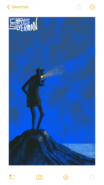 A figure stands on a craggy point overlooking the ocean, one hand on its hip. The sky is the deep blue of a cloudy late evening or early morning. The figure is wearing a dark coat, and has a traffic signal for a head. The yellow light is illuminated, casting a dim yellowish tinge on the rock in front of it. The painting is signed "Chris Silverman".