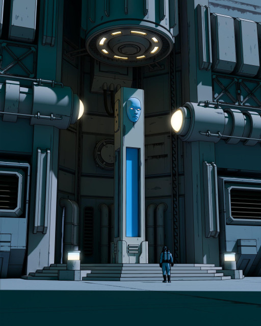 A lone figure in blue stands before a towering monolithic structure featuring a glowing humanoid face. The sci-fi architecture shows industrial pipes, circular lights, and geometric panels in teal and gray tones, creating an imposing, mysterious atmosphere of ancient technology.​​​​​​​​​​​​​​​​