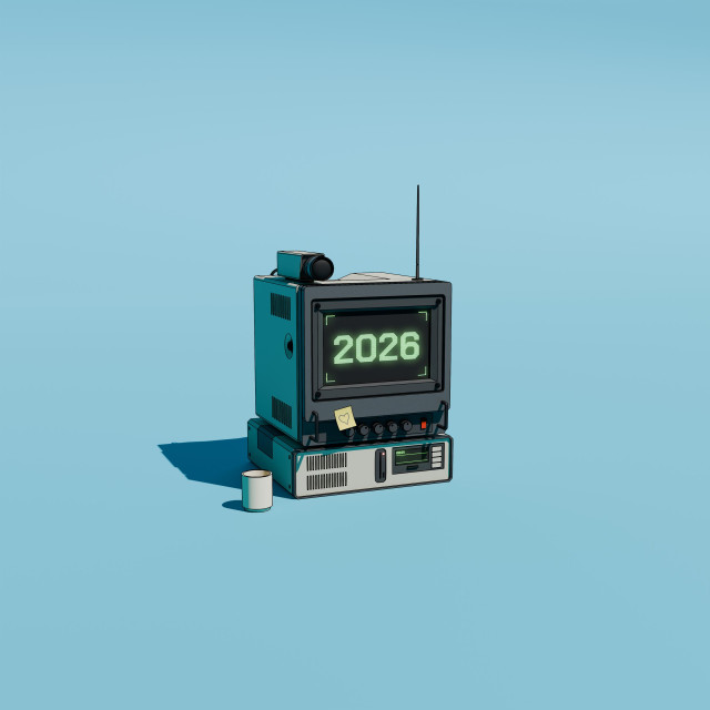 A retro-style tv screen with a camera on top against a light blue background. The display reads «2026» in green numbers.