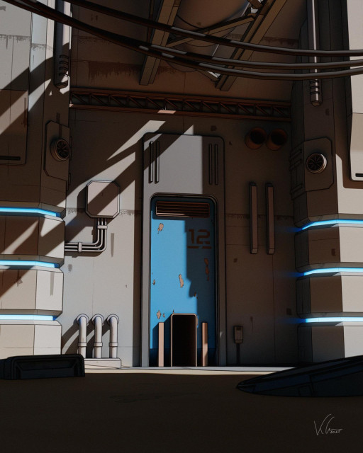 Digital artwork of a dystopian sci-fi environment. Tall concrete columns with bright blue neon lights frame a central, scratched blue metal door labeled with the number 12. Strong, angular shadows dominate the foreground.