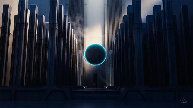 Futuristic digital artwork showing towering dark geometric structures forming a corridor leading to a bright cyan glowing sphere, with a tiny human figure below for scale.