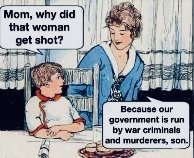 Drawing, which, based on the clothing, was created in the early 20th century.
A child (left) and mother (right) are talking at a table in a curtained room, possibly a kitchen.
The child is asking, "Mom, why did that woman get shot?"
The mother responds, "Because our government is run by war criminals and murderers, son."