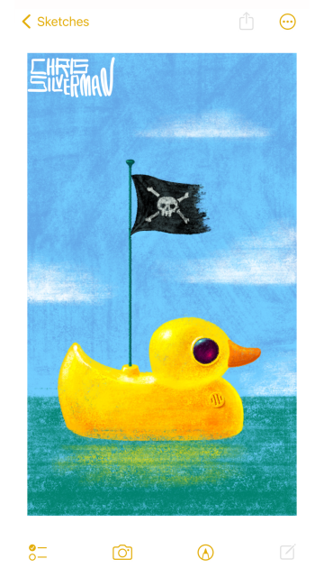 A bright yellow rubber duck floats in the calm blue-green expanse of the open ocean, under a mostly clear blue sky. On closer inspection, though, the duck has some sinister details: a round, glassy, reddish eye that looks distinctly technological; a small vent; and, most notably, a radio antenna sticking up out of its back. Fixed to the antenna is a slightly ragged black pirate flag with a skull and crossbones on it. The painting is signed "Chris Silverman". Happy January 13.