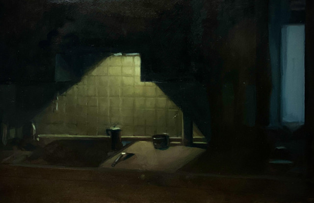A dark painting of a nightly kitchen counter in a pale yellow-green light. On the right side there is a blue windowsill. On the counter there are lots of kitchen utensils, as well as a coffee pot.