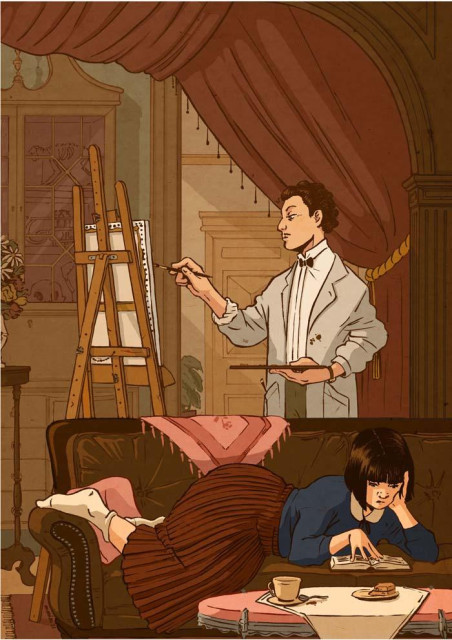 Un jeune homme peignant et une jeune femme lisant dans un intérieur cossu des années 1920 aux couleurs brunes.