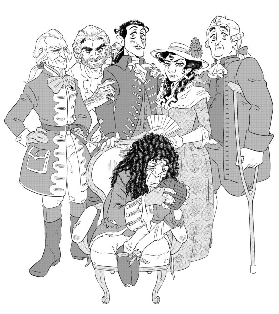 Une famille d'assassins dysfonctionnels en tenue XVIIIème, représentés dans un style BD en noir et blanc.