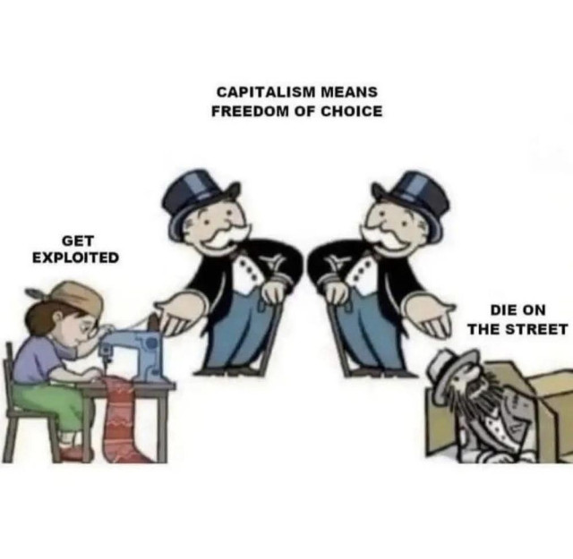 Cartoon showing two rich men in top hats labeled “Capitalism means freedom of choice,” gesturing toward two options: a factory worker labeled “Get exploited” and a homeless man labeled “Die on the street.”