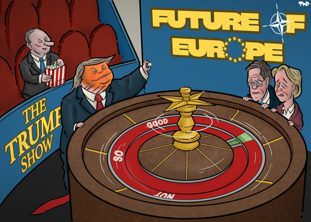 Cartoon showing a game show titled 'The future of Europe'. The two 'O's' in the title are the NATO and the EU logo. Trump is standing at a spinning roulette wheel holding up a small ball. The roulette wheel only has two options where the ball can land: a tiny green segment is labeled 'good', while the rest of the circle is one large red segment labeled 'not so good'. NATO secretary general Mark Rutte and Ursula von der Leyen look at the wheel in despair, while Putin sits in the audience eating popcorn.