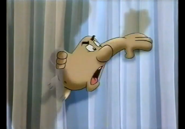 Eine kleines animiertes Monster hängt in einer Gardine, um es herum beginnen sich dunkle Flecken zu verbreiten