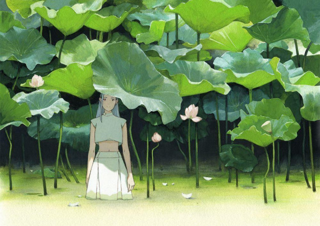 a painting of a woman standing among lotus leaves