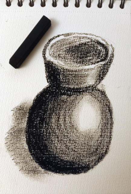 A sketch of a vase, light from above and to the right. The paper has a texture that makes a fabric like pattern. 