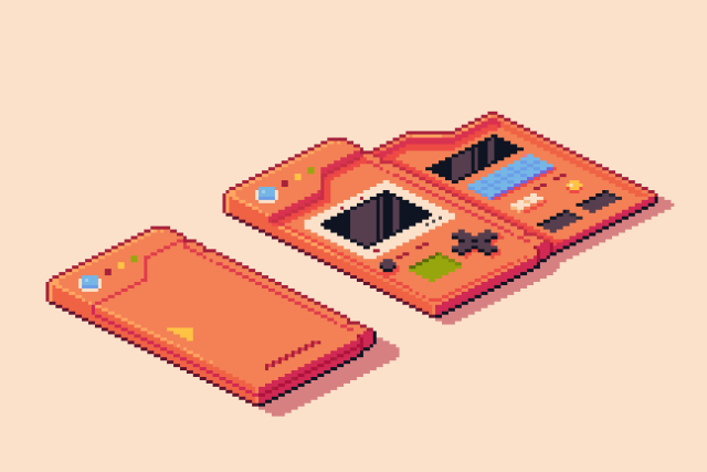 An image in isometric pixel art style, depicting a Pokédex from Pokémon, open and closed.
