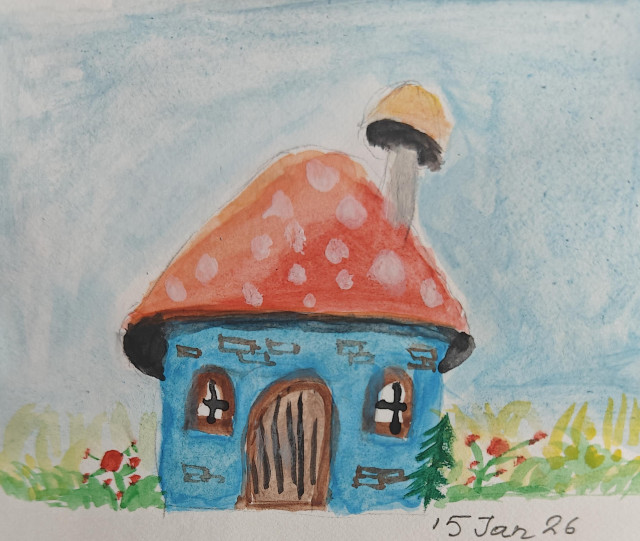 A mushroom type hut with red top and blue walls. Under a blue sky. Made with watercolor