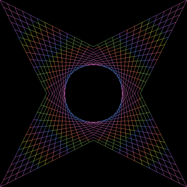 a radial geometric pixel art image with a rainbow gradient against a black background.