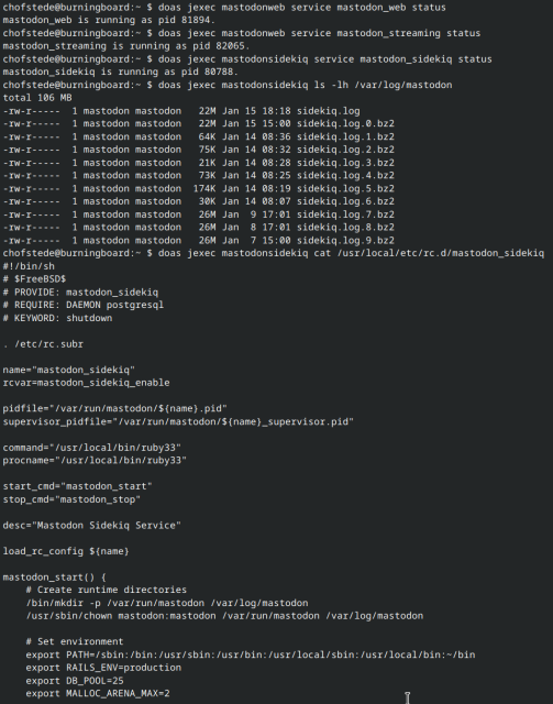 Screenshot showing the service status of several Mastodon services on FreeBSD