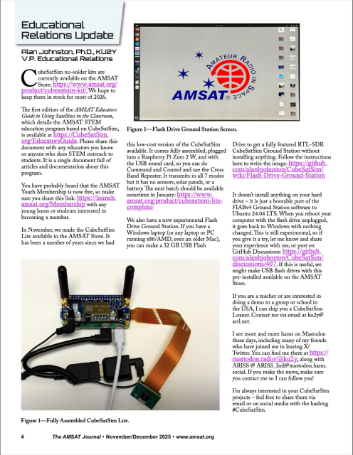The Educational Relations column in the AMSAT Journal with information about CubeSatSim Kits and Lites