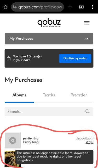 Screenshot of my purchase history in Qobuz, showing that the "Purity Ring" album by Purity Ring is no longer available to re-download