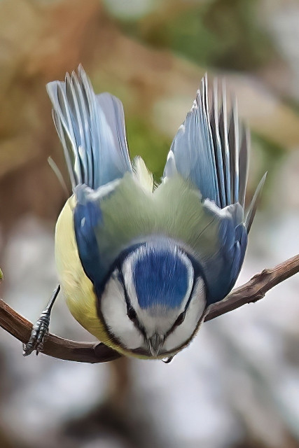 Blaumeise auf einem dünnen Zweig, Kopf über gebeugt mit leicht gespreizten Flügeln.