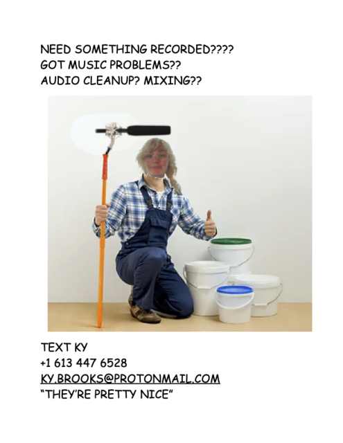 A flyer that reads ‘need something recorded?? Got music problems? Audio cleanup? Mixing?? Call ky. Ky.brooks@protonmail.com “they’re pretty nice” and has a janky photoshop job of my face photoshopped onto the body of a house painter 