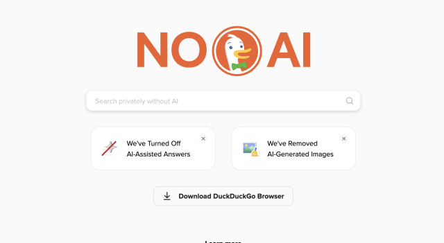 The landing page has huge letters saying NO AI with a cameo of a duck. Smaller boxes note that AI-assisted answers and AI-generated images are removed as well.