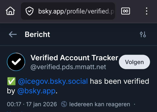 Verified account tracker
@icegov.bsky.social has been verified by @bsky.app

Jan 17, 2026