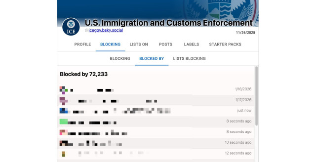 a screenshot of the site ClearSky updating in real time the Bluesky accounts that are blocking ICE. The page reads "U.S. immigration and customs enforcement" blocked by 72233 (accounts) with the date of the block... some seconds ago