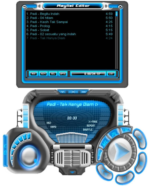 Screenshot of a WinAmp skin with rounded skeuomorphic controls and glass-like transparency.