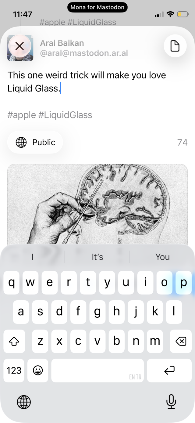 Fischer Price My First Phone interface (iOS 26 with Liquid Glass) showing the keyboard covering the send button (blurred blue in the background) in Mona app on the composition screen for the previous post.