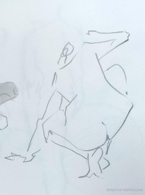 Croquis aux traits vifs et anguleux d'une femme accroupie de dos