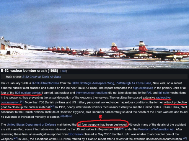 Historical image of the US Thule Air Base in Greenland, with airplanes parked on ice. Below is a screenshot of the short version of the Wikipedia article on the B52 nuclear bomber crash in 1968. Parts of the text art highlighted in red.