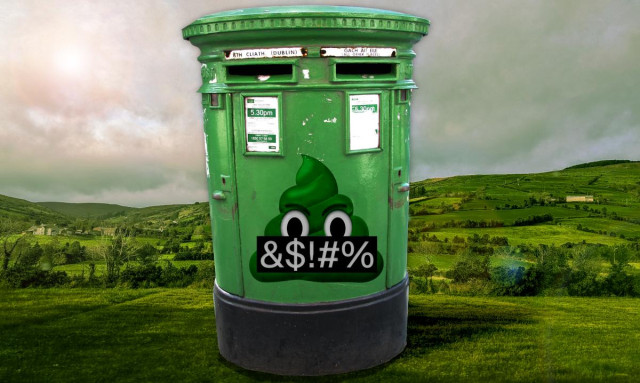 A green Irish pillarbox, standing before a verdant, rolling Irish countryside. The pillarbox is emblazoned with the poop emoji from the cover of 'Enshittification,' with angry eyebrows and a grawlix-scrawled black bar over its mouth.

Image:
Stuart Caie (modified)
https://commons.wikimedia.org/wiki/File:Double_aperture_Irish_pillar_box_in_Dublin_2008.jpg

CC BY 2.0
https://creativecommons.org/licenses/by/2.0/deed.en

--

Sourabh.biswas003 (modified)
https://commons.wikimedia.org/wiki/File:PXL_20231216_105219694-Ballygalley_Larne_UK-_Irish_Countryside-Northern_Ireland_06.jpg

CC BY-SA 3.0
https://creativecommons.org/licenses/by-sa/4.0/deed.en
