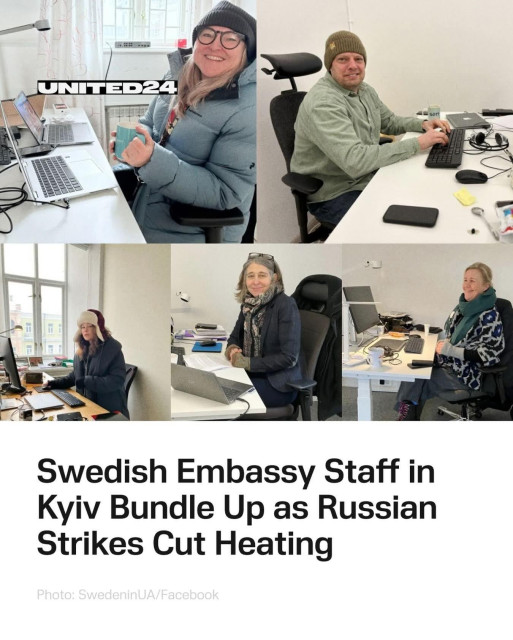 Swedish Embassy staff in Kyiv bundle up at their desks as heating is disrupted due to russian strikes. Alt text:

"Swedish Embassy Kyiv staff work in winter clothes indoors after russian strikes disrupted heating, showing resilience amid wartime challenges."