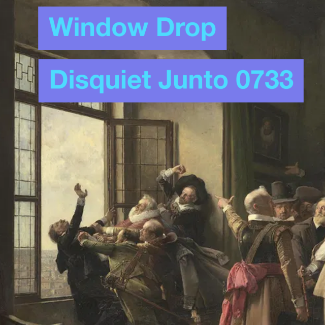 A detail from an old painting showing a person being pushed out a window, plus the name and number of the project