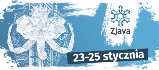 Banner z jednkolorową głowa mamuta, logotypem konwentu Zjava i napisem 23-25 stycznia.