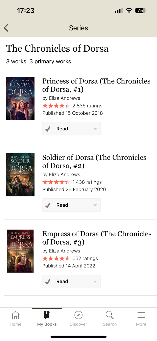 Bilden visar skärmdump med de tre böckerna i trilogin The Chronicles of Dorsa av Eliza Andrews: 
- Princess of Dorsa
- Soldier of Dorsa
- Empress pf Dorsa