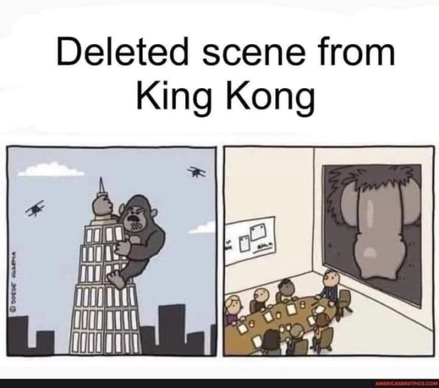 The image is a two-panel cartoon with the text "Deleted scene from King Kong" at the top. The left panel shows a cartoon gorilla holding a person on top of a tall building, with two small airplanes flying nearby and a cityscape in the background. The right panel depicts a group of people sitting around a table in a room, looking at a large framed picture on the wall that shows a side view of the gorilla from the left panel. There is a whiteboard with notes on the wall in the room.

Provided by @altbot, generated privately and locally using Qwen3-Vl:30b

🌱 Energy used: 0.067 Wh