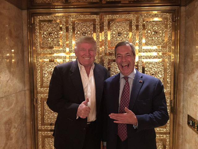 Trump and Farage in a gold plated lift laughing. 