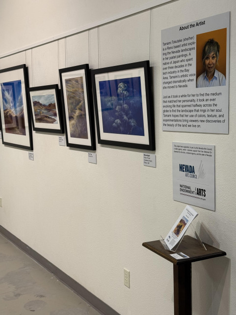 A small section of the exhibit wall with a panel of the artist's bio, headshot, and a grant acknowledgement for Nevada Arts Council and National Endowments for the Arts. 