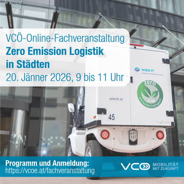 Sujet zur Online-Fachveranstaltung des VCÖ. Ein Light-Electric-Vehicle von hinten dazu der Text: VCÖ-Online-Fachveranstaltung  DI 20. Jänner 9-11 Uhr, https://vcoe.at/fachveranstaltung 