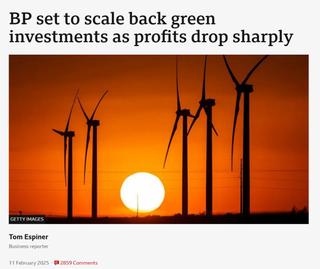 BBC News headline: "BP set to scale back green investments as profits drop sharply"