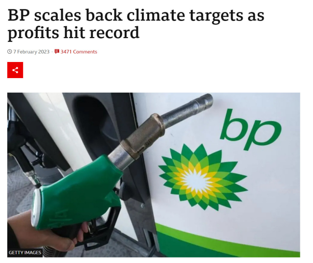BBC News headline: "BP scales back climate targets as profits hit record"