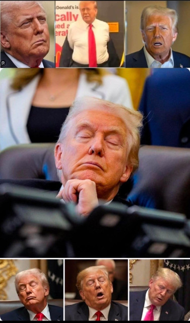 A montage of various images of a dementia-addled Trump. Some images show him sleeping at inappropriate times and during press events, and others show his face distorted and "half melted" from a stroke or other medical issue.