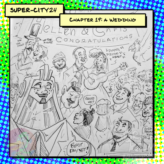A final illustration on the final page of my longest solo campaign so far.
In front in J-Box K a.k.a Kurt Mc Ivy a magic born (i.e. magic construct) a superhero in the small northern california town of Heathburg. The game ends with an event, the wedding of his parents Helen and chris and attended by family and friends.
His mother Helen plays a guitar with her husband as they sing a favorite son.

The game spans 4.5 sketchbooks and so I had to go back and find drawings of different characters, which took time, but was fun.