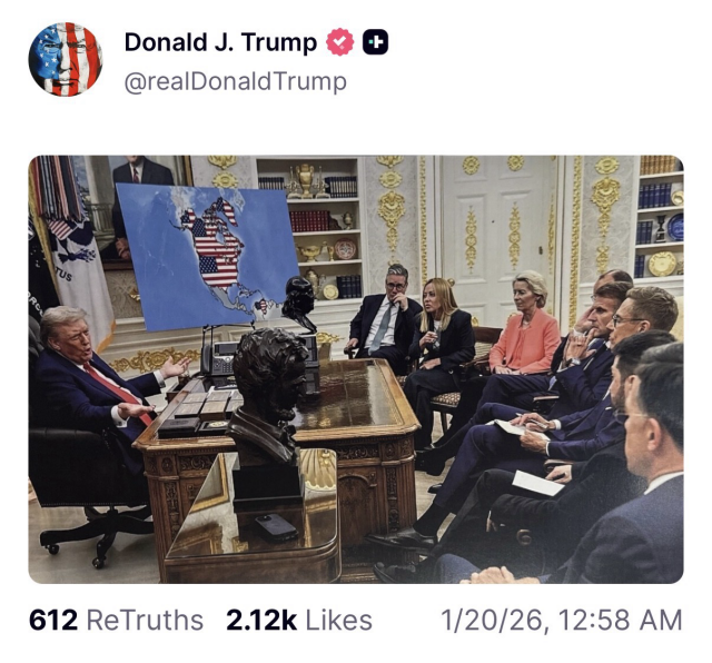 Another bizarre fake AI created image depicts Trump supposedly holding court in the White House Oval Office with the leaders of Europe seemingly hanging on his every word. On display is a map showing Greenland, Canada, Venezuela & the US colored in with the US flag.