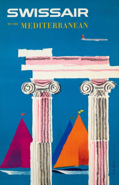 This is a vintage Swissair travel poster with a bold blue background. Large white lettering at the top reads “SWISSAIR,” with smaller gold text below stating “to the Mediterranean.” The central image is a stylized illustration of two classical columns with pink and white shafts and scroll-shaped capitals, suggesting ancient Mediterranean architecture. Between and behind the columns are brightly colored triangular shapes resembling sails or rooftops in magenta, orange, and blue, set above a narrow band of sea. Near the top right, a small jet aircraft with a red tail is shown flying horizontally across the sky. The overall design is graphic and modernist, using simplified forms and strong color contrasts typical of mid-20th-century airline advertising.