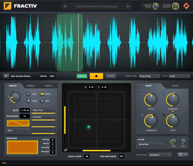 FRACTIV UI with waveform view, highlighted granular playback, X/Y pad, shift and slice knobs, and modulation section.