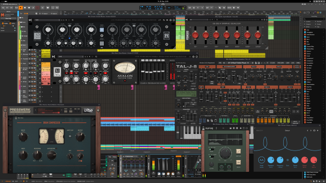 Bitwig Studio and a bunch of native Linux audio plugins running on Arch Linux GNOME (by Amadeus Paulussen).
