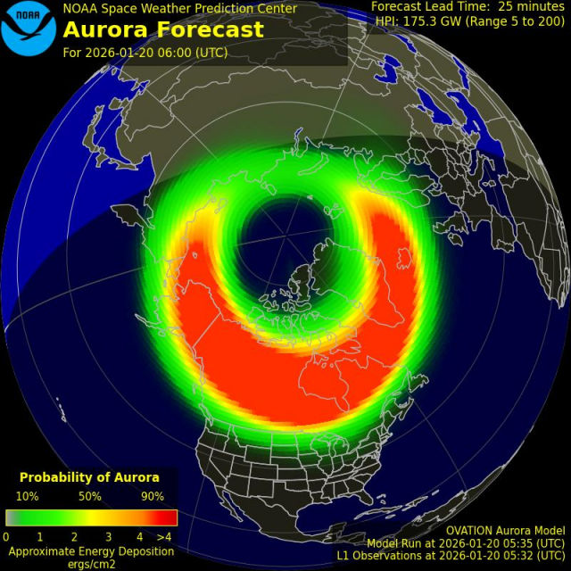 screenshot from NOAA Space Weather Prediction Center showing the auroral oval touching the northernmost states of the Lower 48, considerably less active than the forecasts for tonight looked last night